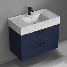 Floating Bathroom Vanity, Modern, Blue, 32 inch, Marble Style Sink